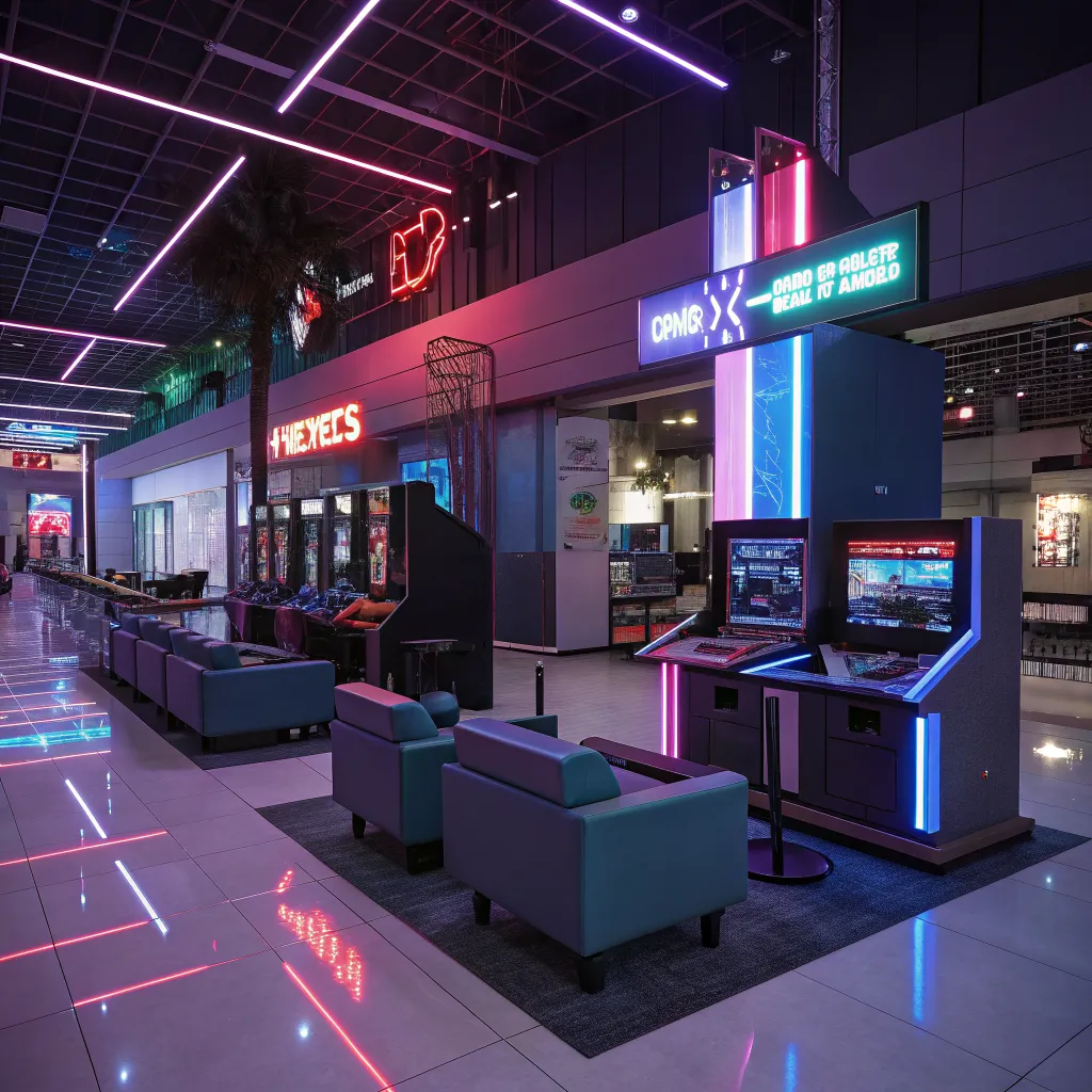 Estaciones de consola con iluminación neon cyberpunk en local comercial